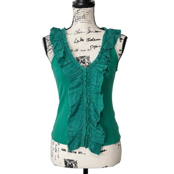 Pilcro Womens Sleeveless Ruffle V-Neck Tank Top Ribbed Kelly Green Size S NEW - Picture 1 of 8